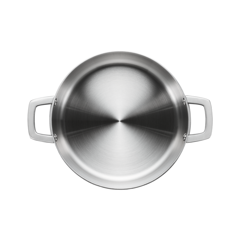 Stainless steel pot with two handles on a white background