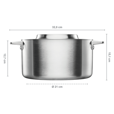 Stainless steel pot with dimensions labeled on a white background