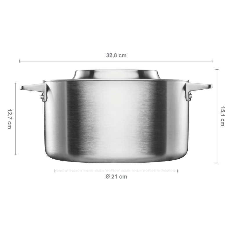 Stainless steel pot with dimensions labeled on a white background