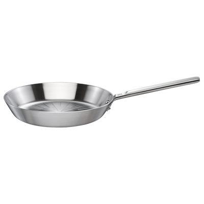 Stainless steel frying pan on a white background