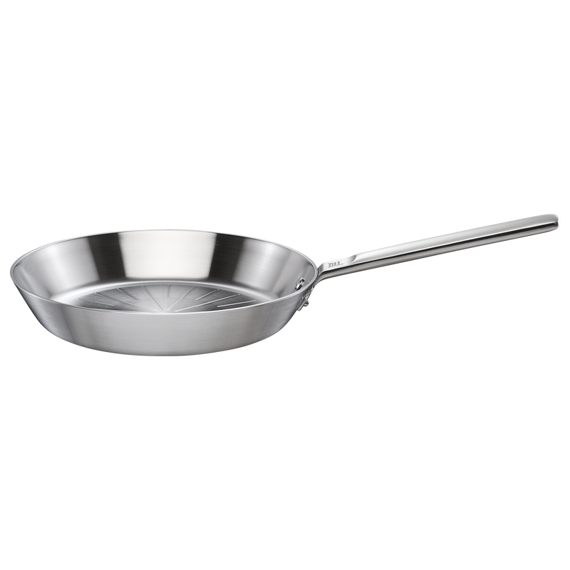 Stainless steel frying pan on a white background