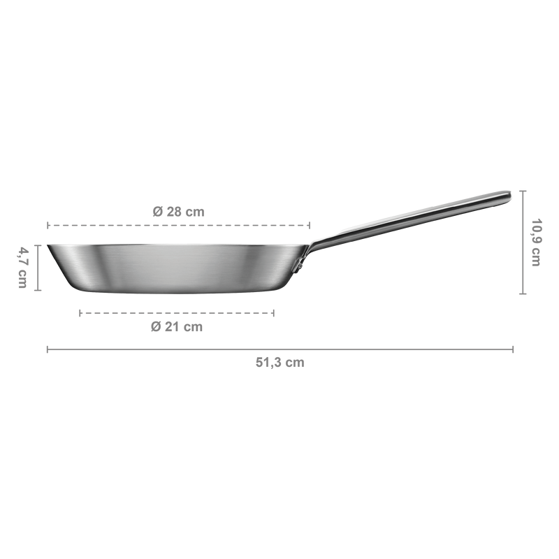 Stainless steel frying pan with dimensions labeled on a white background