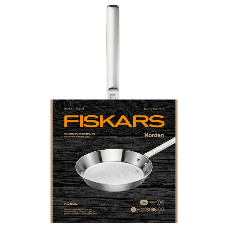 Fiskars Norden frying pan packaging on a white background