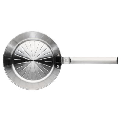 Stainless steel frying pan on a white background