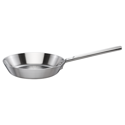 Stainless steel frying pan on a white background