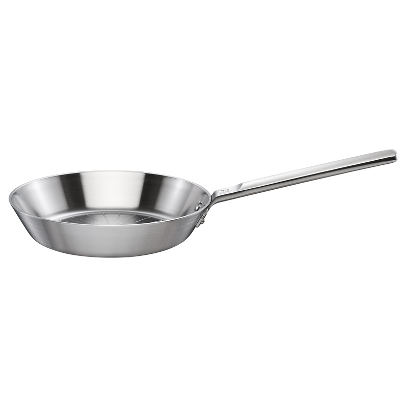 Stainless steel frying pan on a white background
