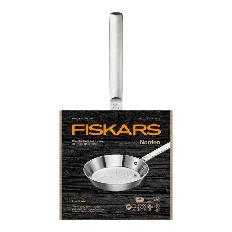 Fiskars Norden frying pan packaging on a white background