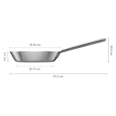 Stainless steel frying pan with dimensions labeled on a white background