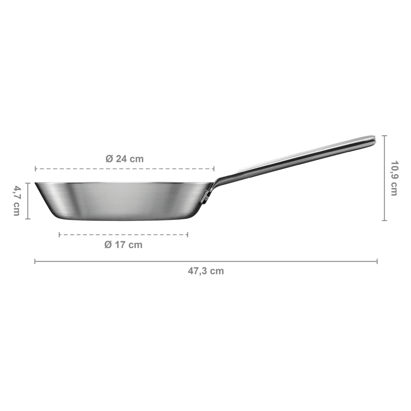 Stainless steel frying pan with dimensions labeled on a white background