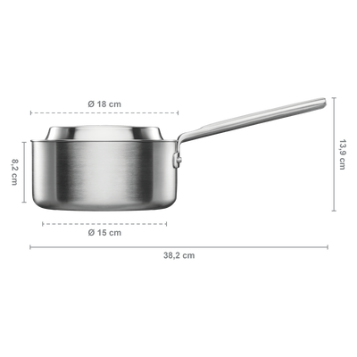 Stainless steel saucepan with dimensions labeled on a white background