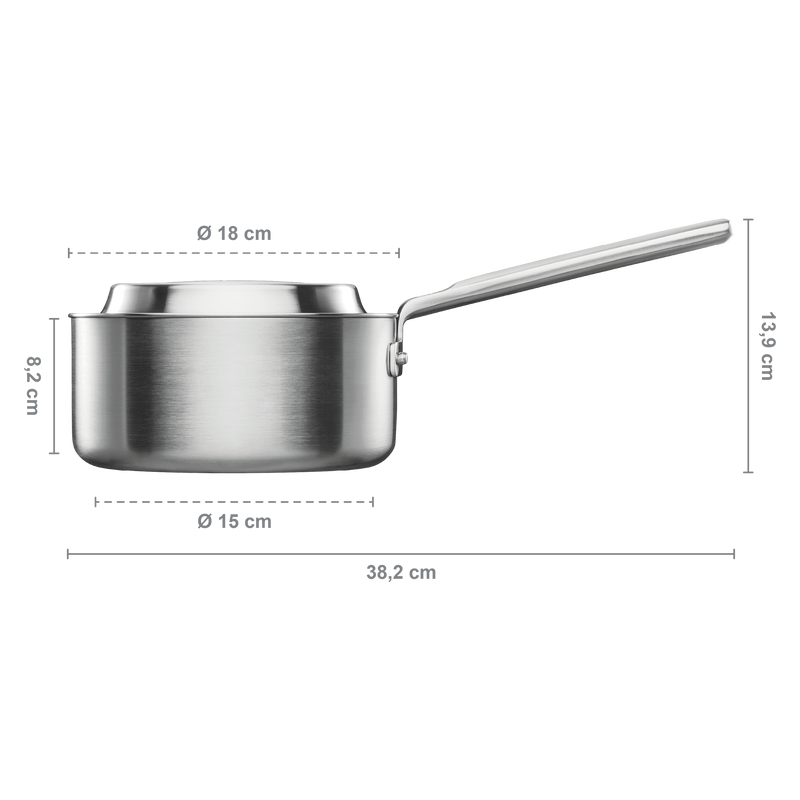 Stainless steel saucepan with dimensions labeled on a white background