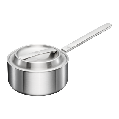Stainless steel saucepan with lid on a white background