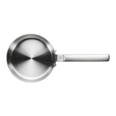 Stainless steel frying pan on a white background
