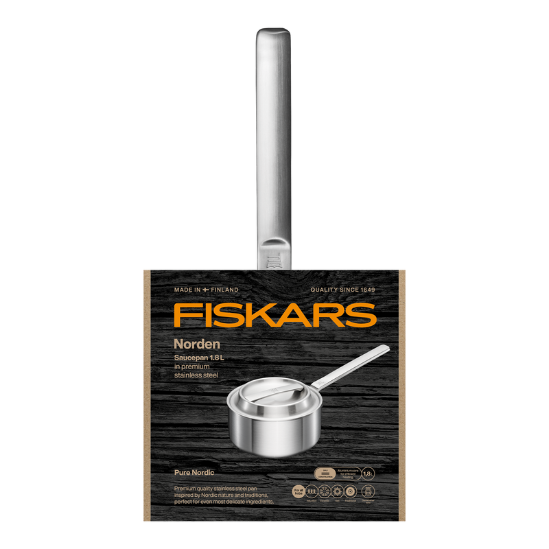 Fiskars Norden saucepan packaging on a white background