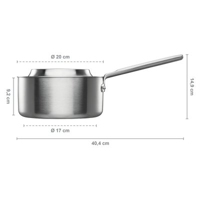 Stainless steel saucepan with dimensions labeled on a white background