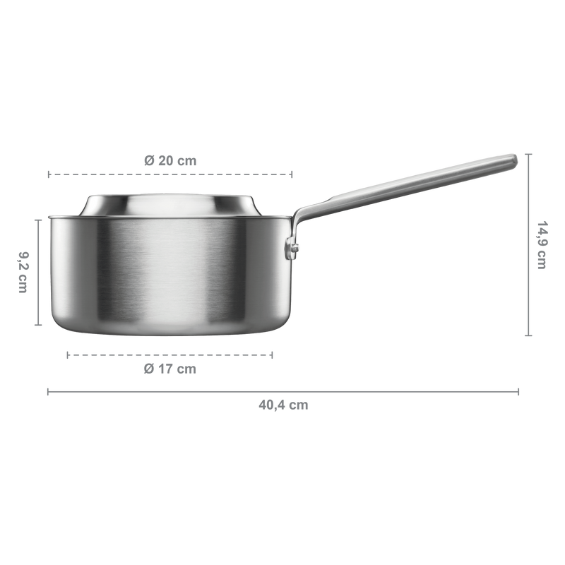 Stainless steel saucepan with dimensions labeled on a white background