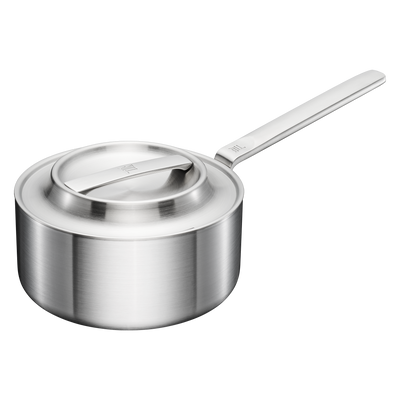 Stainless steel saucepan with lid on a white background