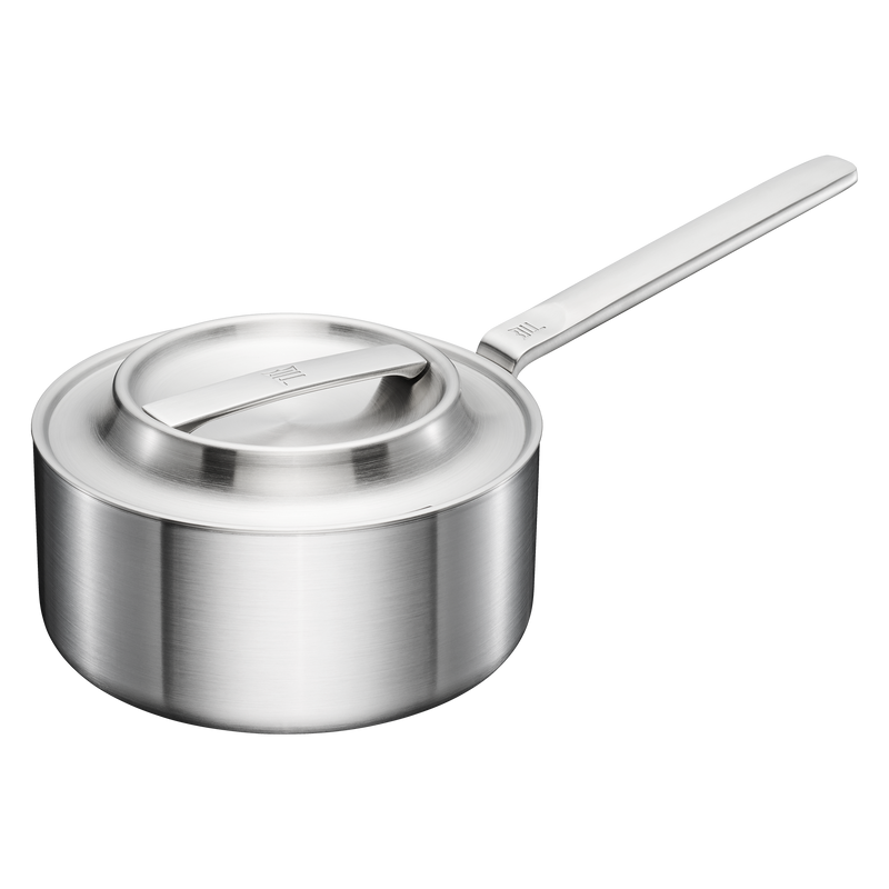 Stainless steel saucepan with lid on a white background