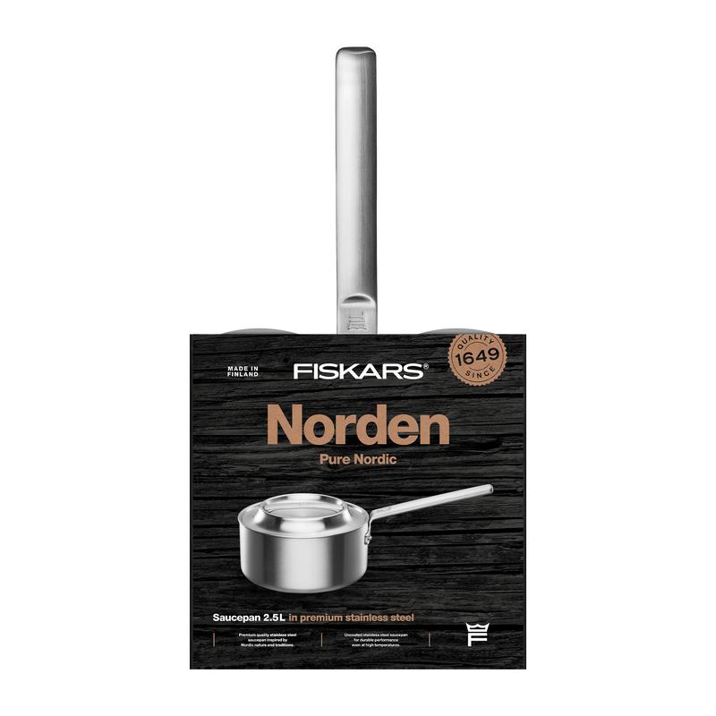 Fiskars Norden saucepan packaging on a white background