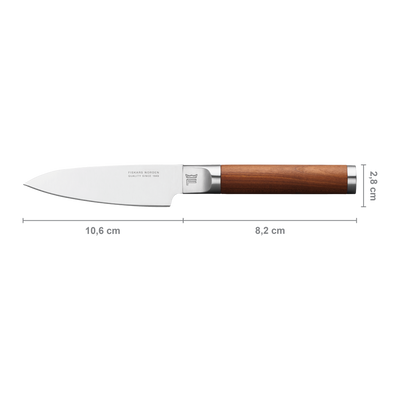 Knife with wooden handle and measurements on a white background