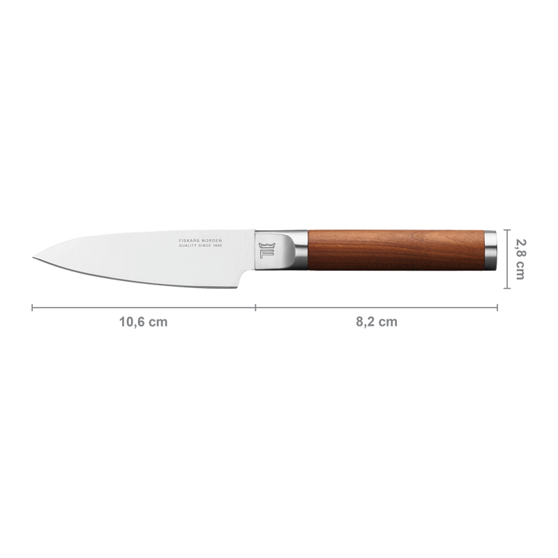 Knife with wooden handle and measurements on a white background