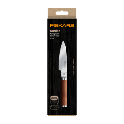 Fiskars paring knife packaging with black background and brown handle