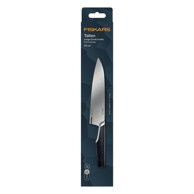 Fiskars kitchen knife packaging on a white background