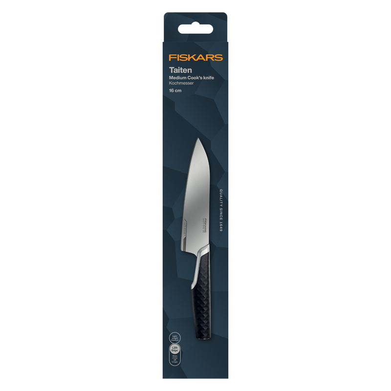 Fiskars Taiten kitchen knife packaging on a white background