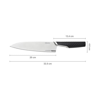 Fermland chef's knife with measurements on a white background