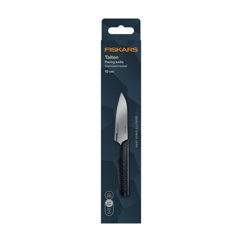 Fiskars Taiten paring knife packaging on a white background