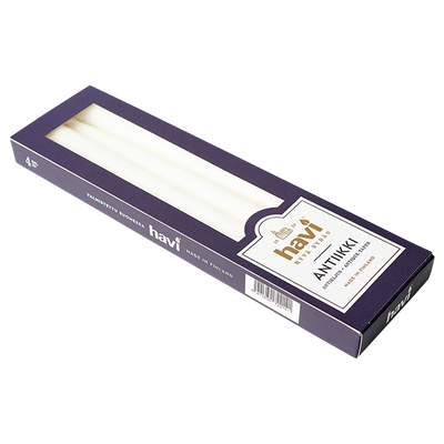 Box of white candles with 'havi' branding on a white background