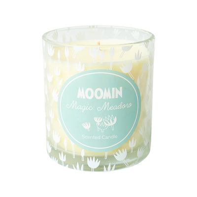 Moomin scented candle with a label on a white background