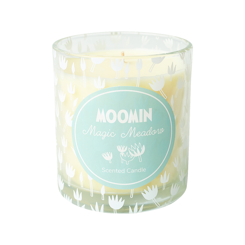 Moomin scented candle with a label on a white background