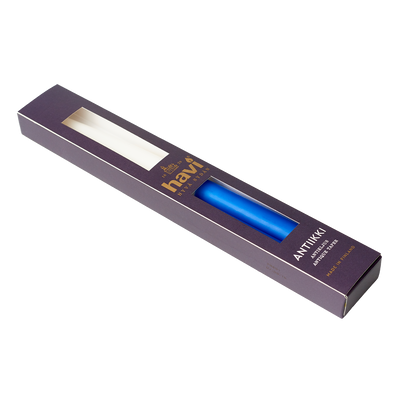 Blue lip balm in a purple packaging box on a white background