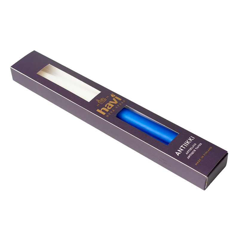 Blue lip balm in a purple packaging box on a white background