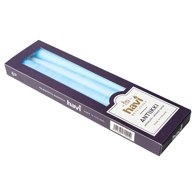 Box of havi Antikki candles with a clear window showing the candles inside.