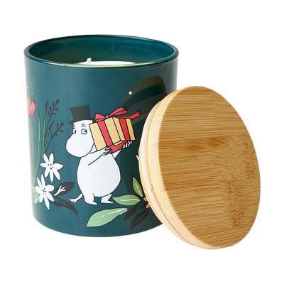 Candle in a decorative container with a cartoon character and bamboo lid on a white background