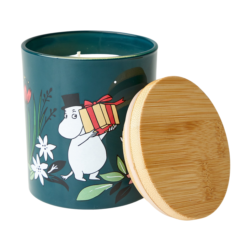 Candle in a decorative container with a cartoon character and bamboo lid on a white background
