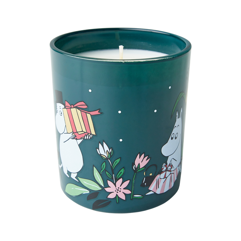 Candle in a green container with illustrations on a white background