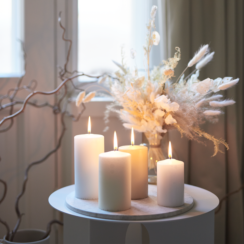Four white candles on a small round table with a vase of dried flowers in the background.