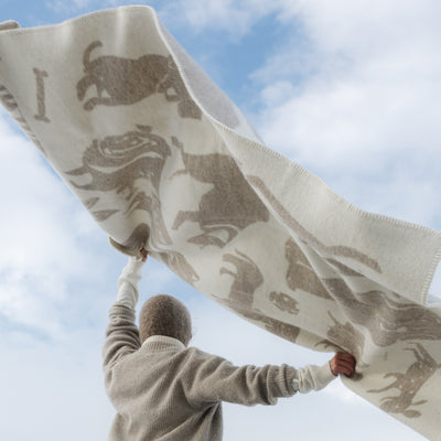 Person holding a large beige blanket with animal patterns against a blue sky.