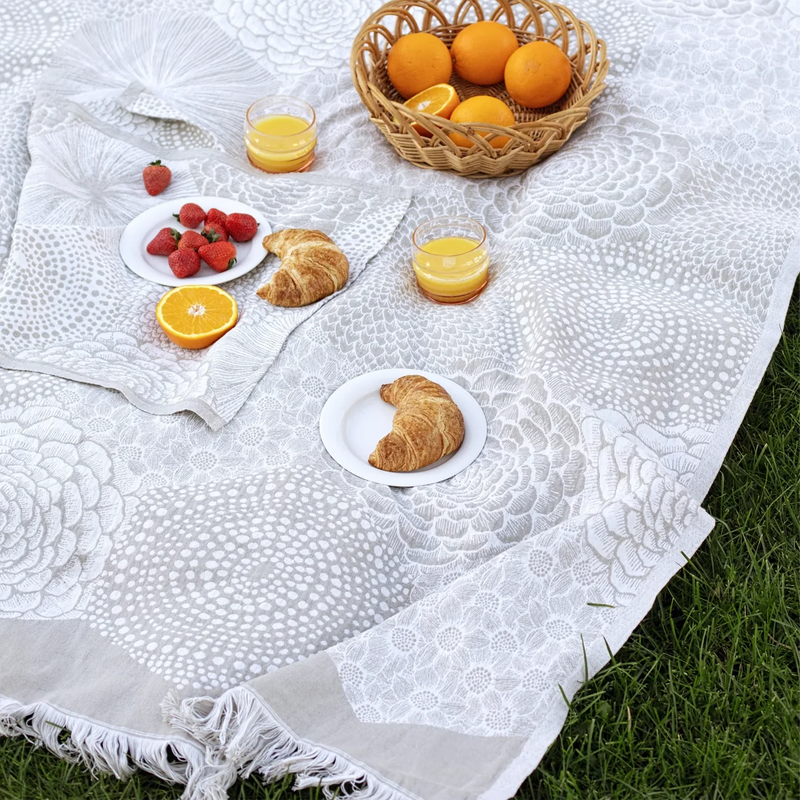 Picnic setup with a white patterned picnic blanket, fruit, croissants, and juice on a grassy surface.