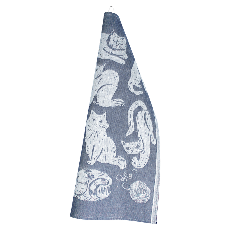 Blue towel with white cat illustrations on a white background