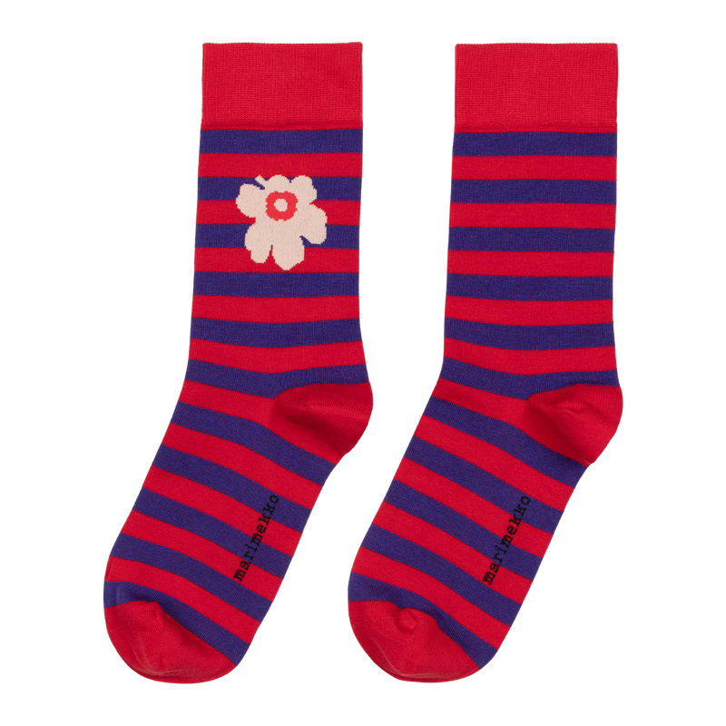 Marimekko Kasvaa Tasaraita Unikko Socks, red/dk.blue/white