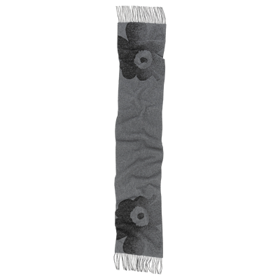 Gray scarf with black floral pattern on a white background