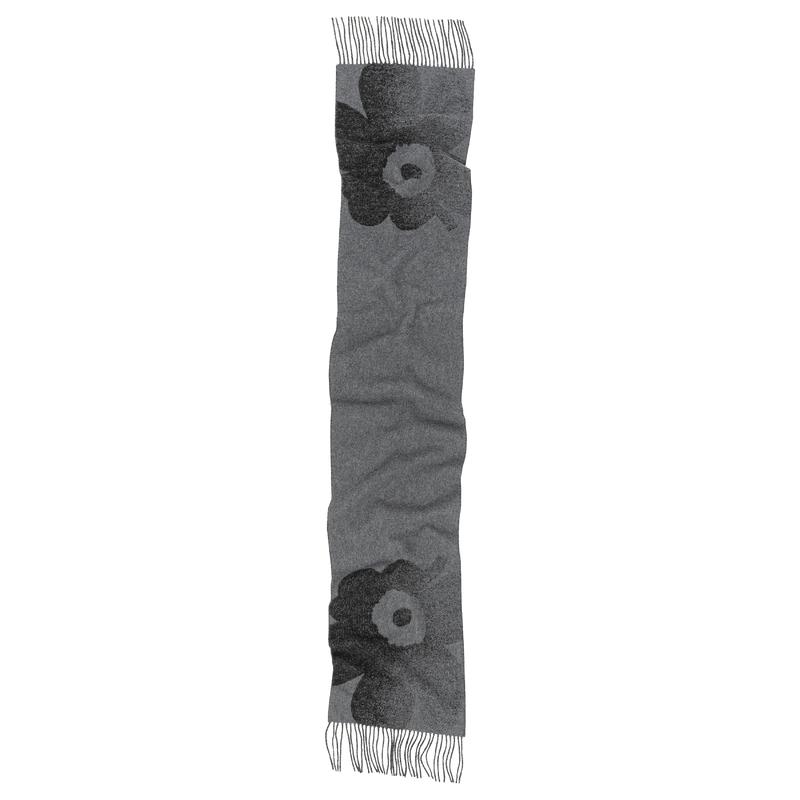 Gray scarf with black floral pattern on a white background