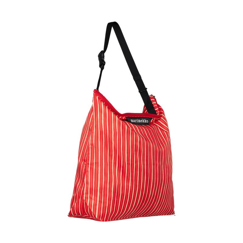 Red striped bag with a black strap on a white background