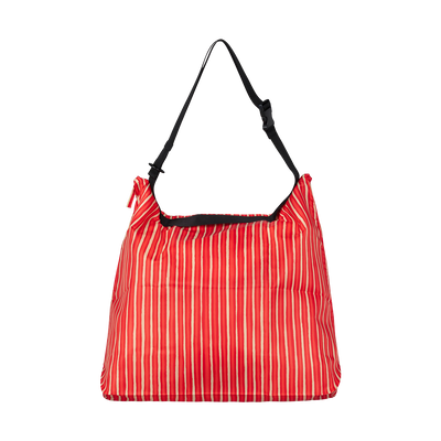 Red striped bag with a black strap on a white background