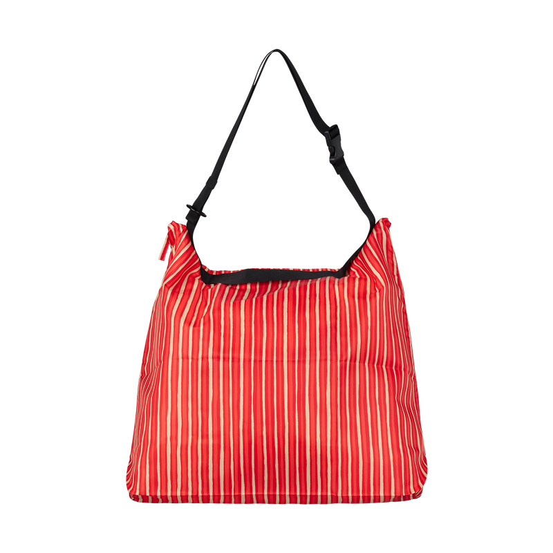 Red striped bag with a black strap on a white background