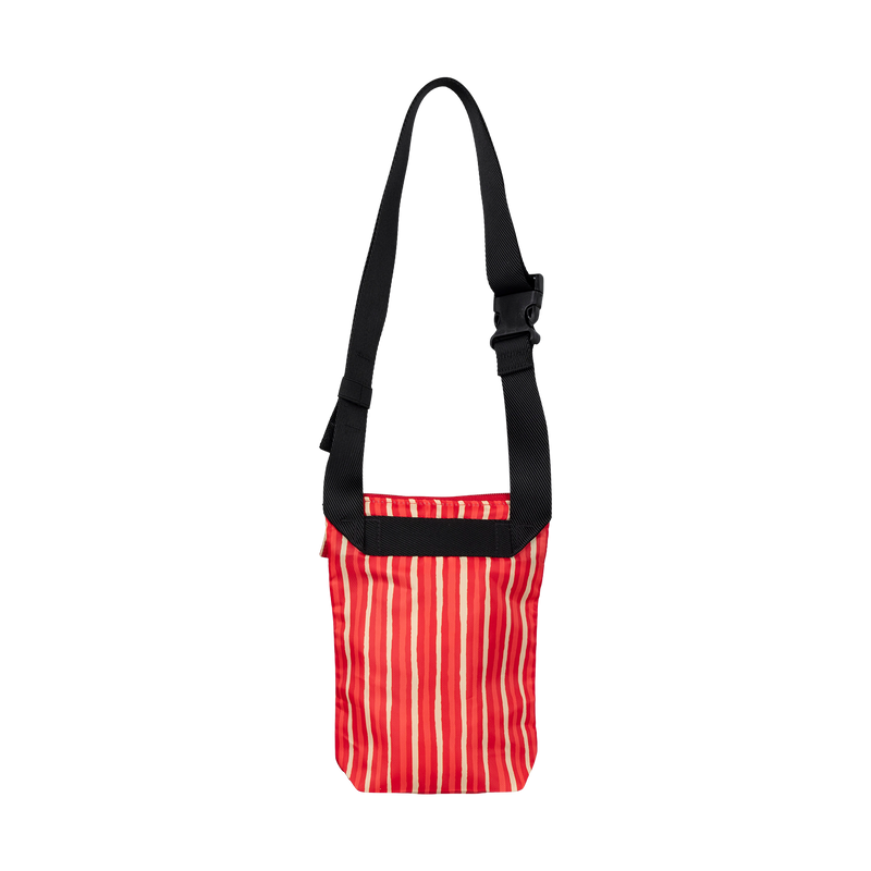 Red striped bag with a black strap on a white background